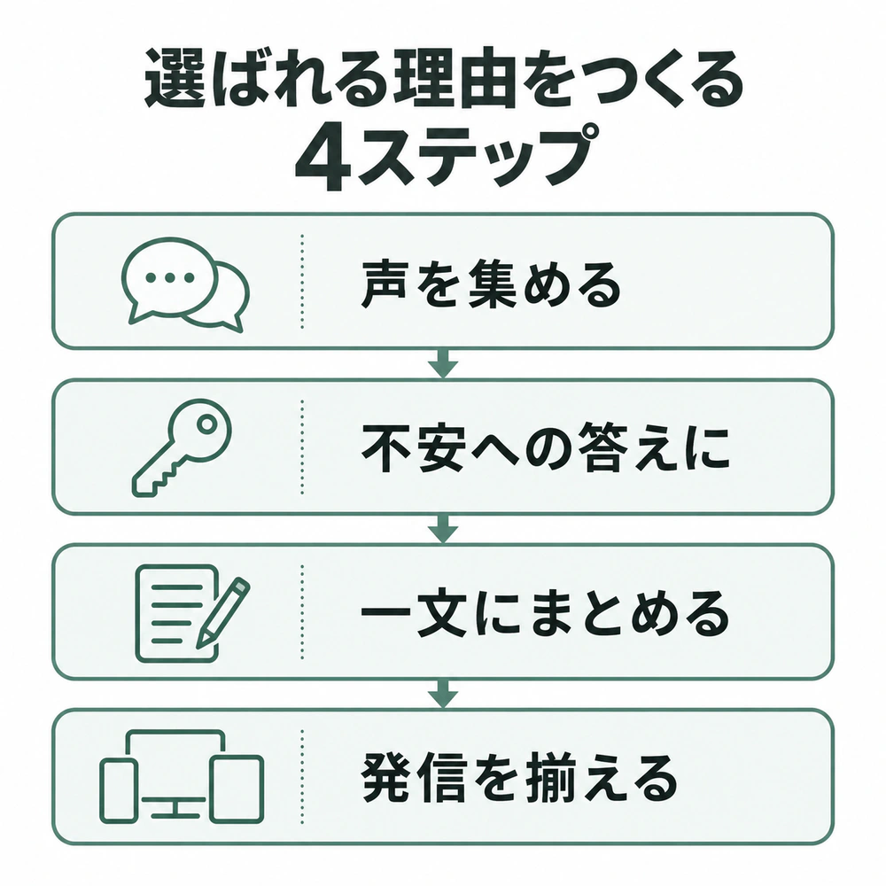 生徒さんの声を集め、強みを不安への答えに翻訳し、一文にまとめて発信を揃える4ステップ