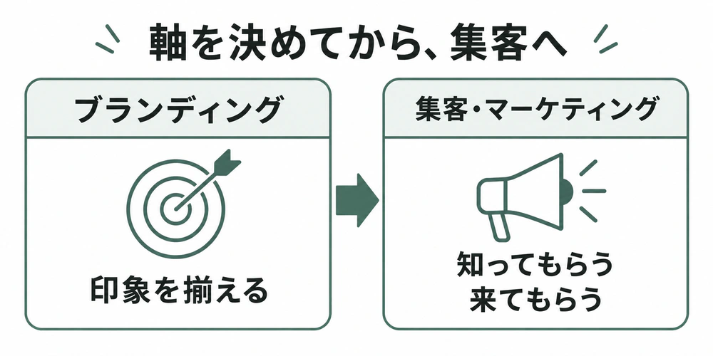ブランディングで印象を揃えてから、知ってもらい来てもらうための集客・マーケティングへ進む