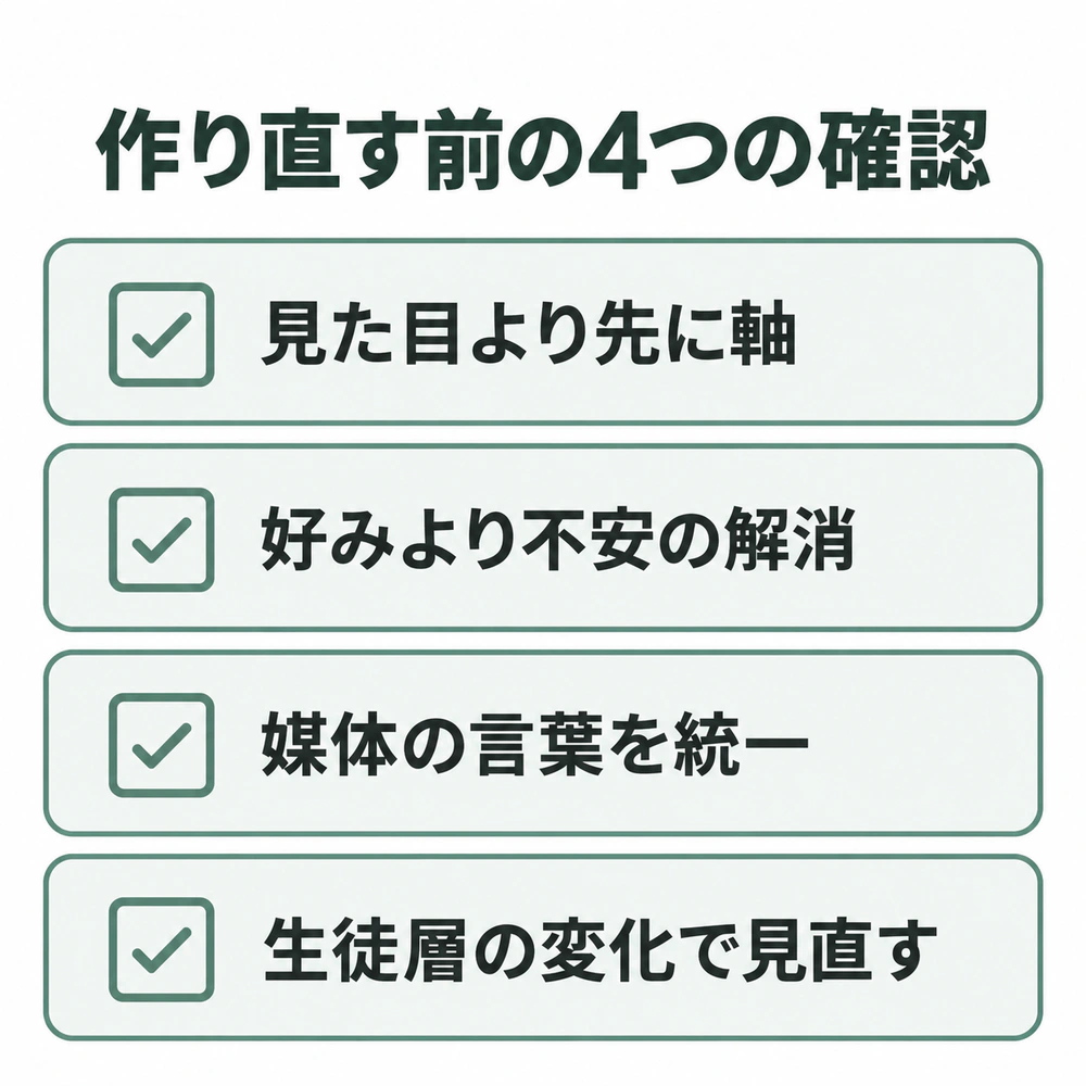 見た目より先に軸を決め、生徒の不安を減らし、媒体の言葉を統一し、生徒層やクラスの変化で見直す4つの確認点