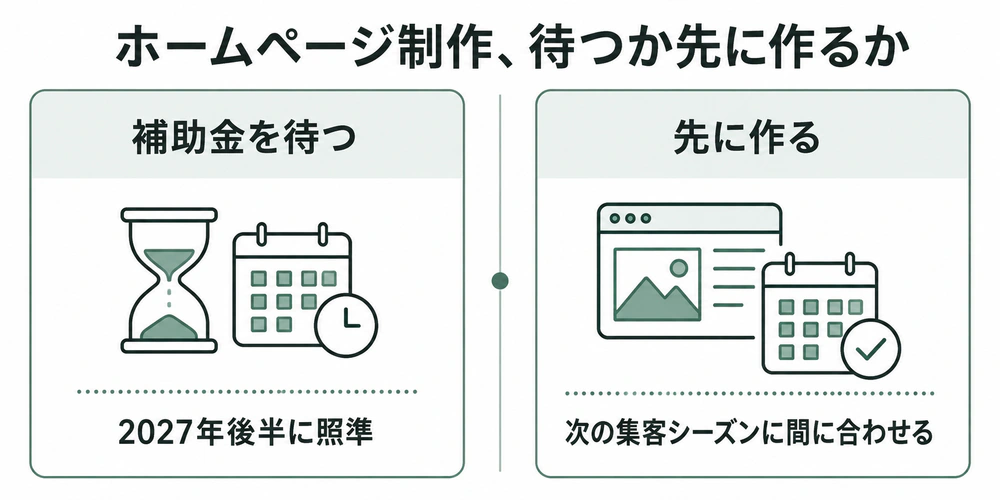 補助金を待って2027年後半に照準を合わせる案と、先にホームページを作って次の集客シーズンに間に合わせる案の比較図