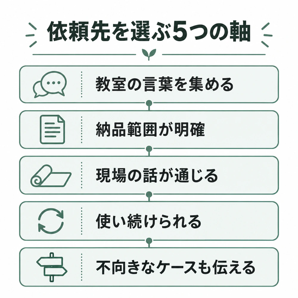 依頼先を選ぶ5つの軸:教室の言葉、納品範囲、現場への理解、継続利用、不向きなケースの説明