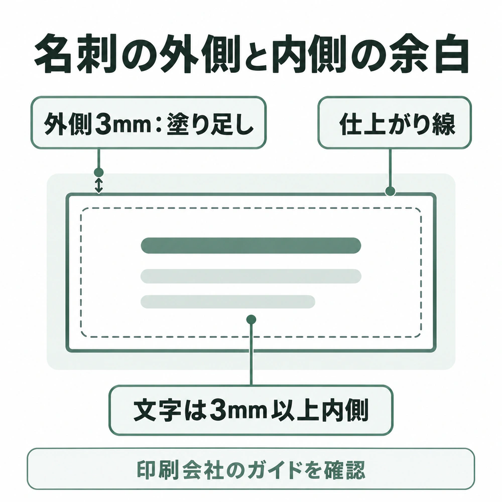 名刺の仕上がり線の外側3mmに塗り足しを設け、文字は3mm以上内側に置く目安