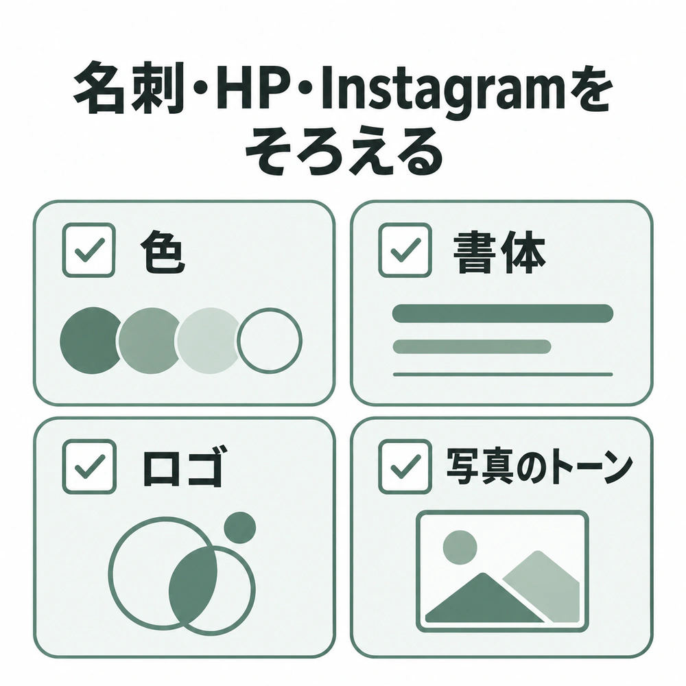 名刺とホームページ、Instagramで統一する色・書体・ロゴ・写真のトーンの4要素
