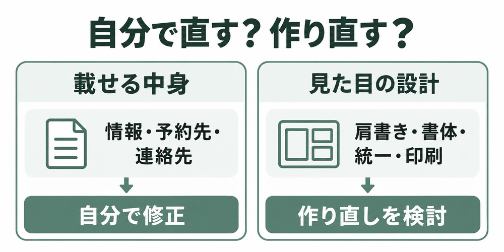情報・予約先・連絡先は自分で修正し、肩書き・書体・媒体の統一・印刷設計は作り直しを検討する比較