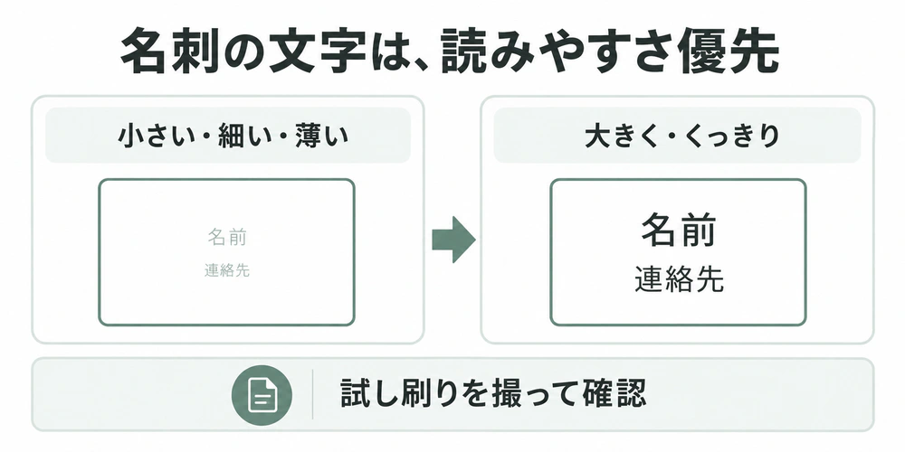 名刺の小さく細く薄い文字を、大きく読みやすい文字に直し、試し刷りで確認する比較